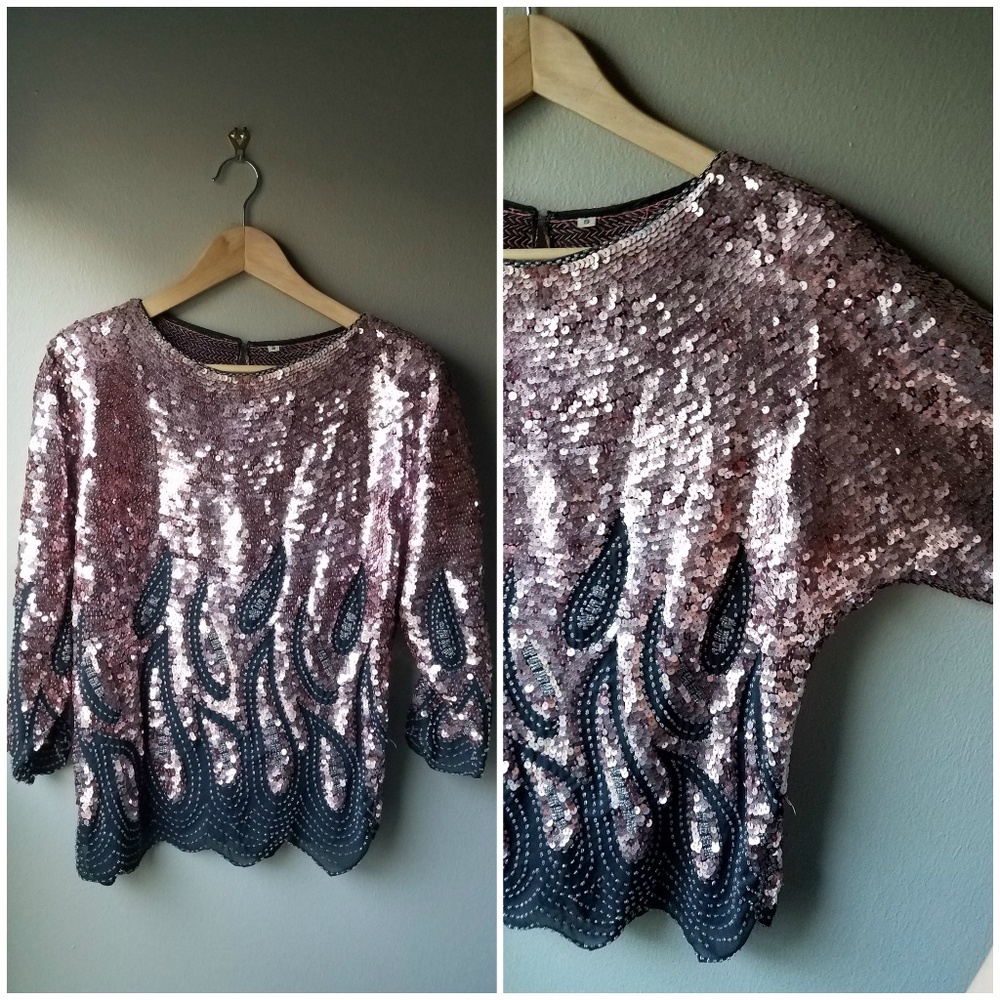 Vintage Pink Sequin Top Small Long Sleeve Paisley